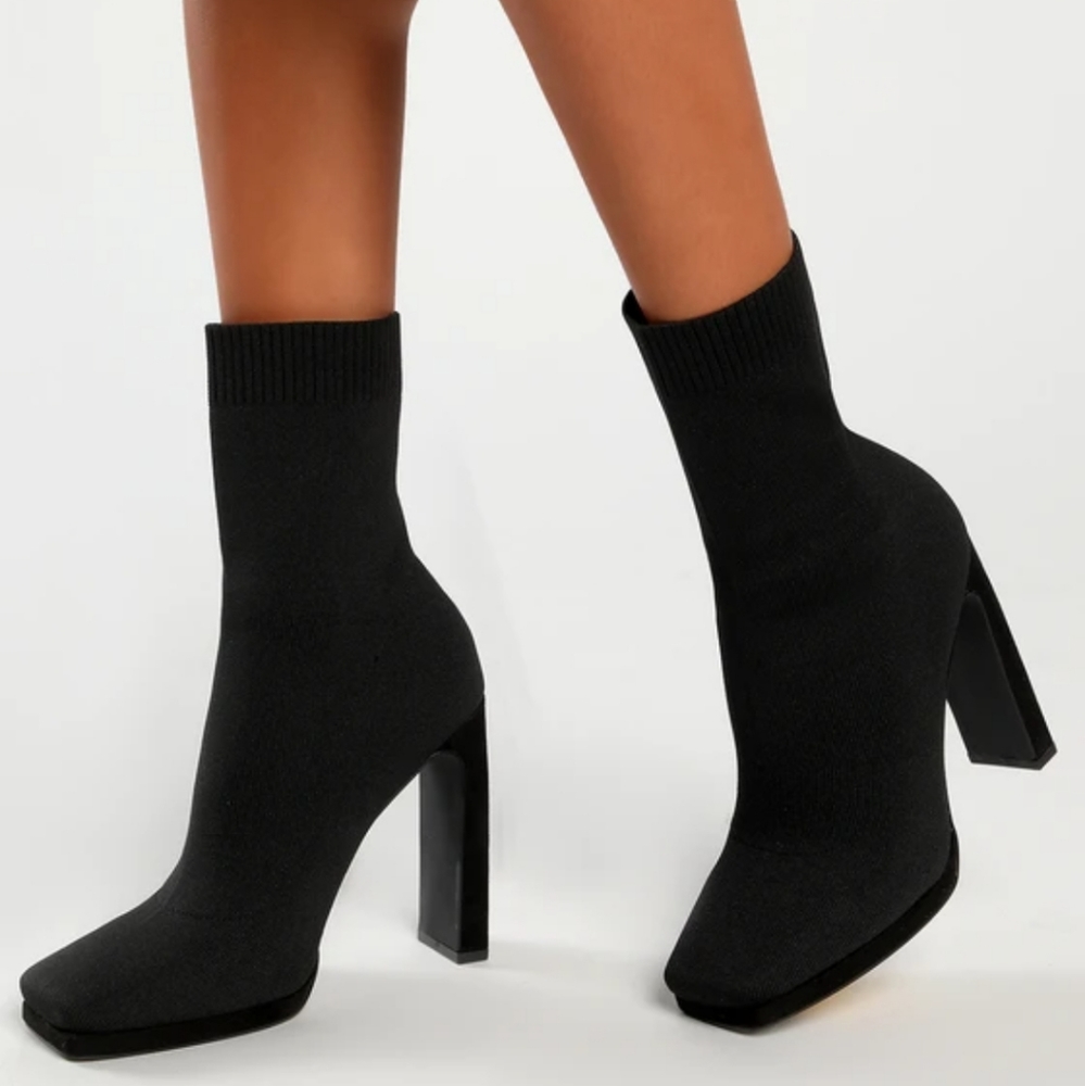 Lulus Black Knit Square Toe Mid Calf Sock Boots - Size 7